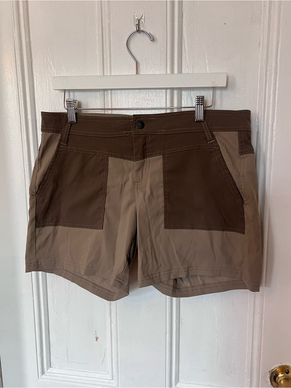 prAna Women’s Halle Colorblock Hiking Shorts Size 10 Brown Khaki Outdoor Utility